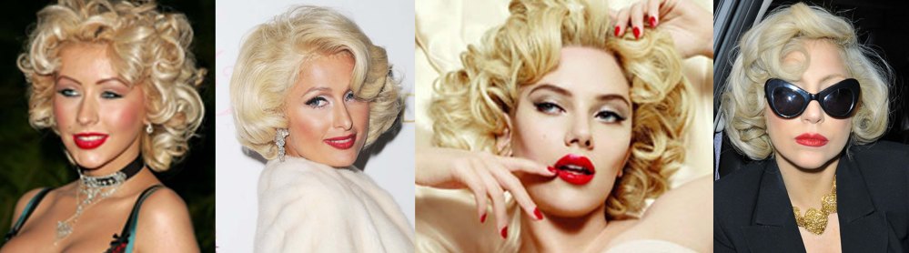 Christina Aguilera (left), Paris Hilton , Scarlett Johnson and Lady Gaga with Marilyn Monroe's famous blond curls and red lips.